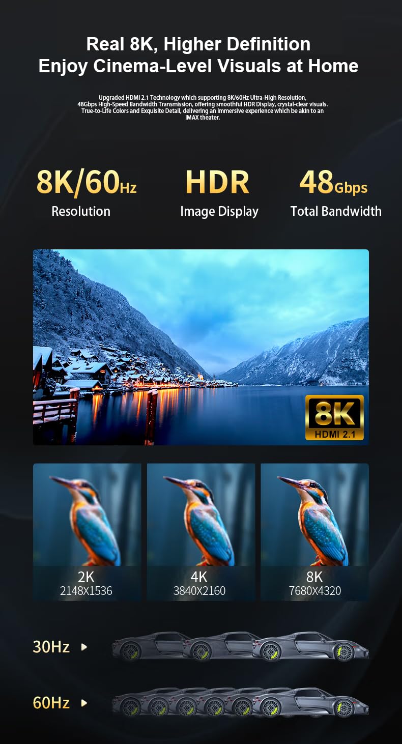 PREMIUMCORD 8K Cable de Fibra Óptica HDMI 2.1, Ultra Alta Velocidad 48 Gbit/s, 3D, EDID, eARC, HDR, Resolución 8K@60Hz 4320p, 4K@240Hz, Compatible con PS5, Xbox X, PC, TV, Chapado en Oro, Longitud 25m
