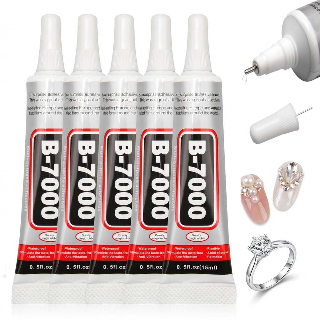 B-7000 Super Glue, 5PCS 15ML Multi Functional Glue Transparent Paste Adhesive for Jewelry Making Rhinestones Fabric Leather Metal Glass Craft Repair DIY Phone Fix for Home Crafters and Professionals