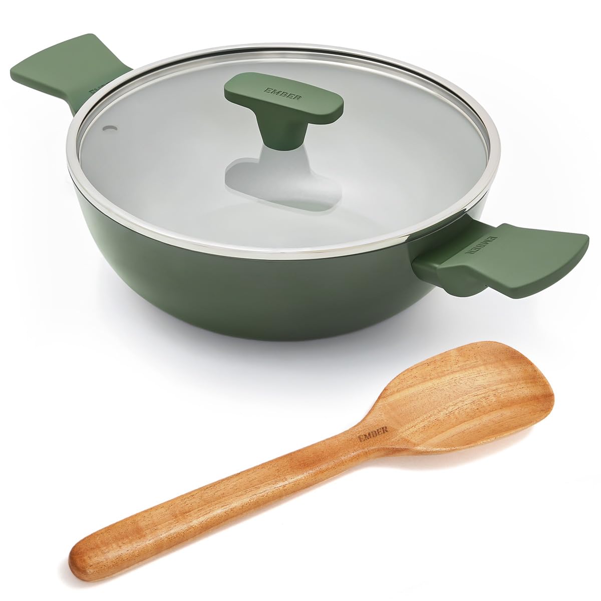 Arcilla Ceramic Kadai 24cm | 2.6 Litre Non Stick Non Toxic with Glass Lid | ISI Certified | Ceramic Kadai for Cooking | 1x Spatula | PFAS & PTFE Free | Induction Safe | Green