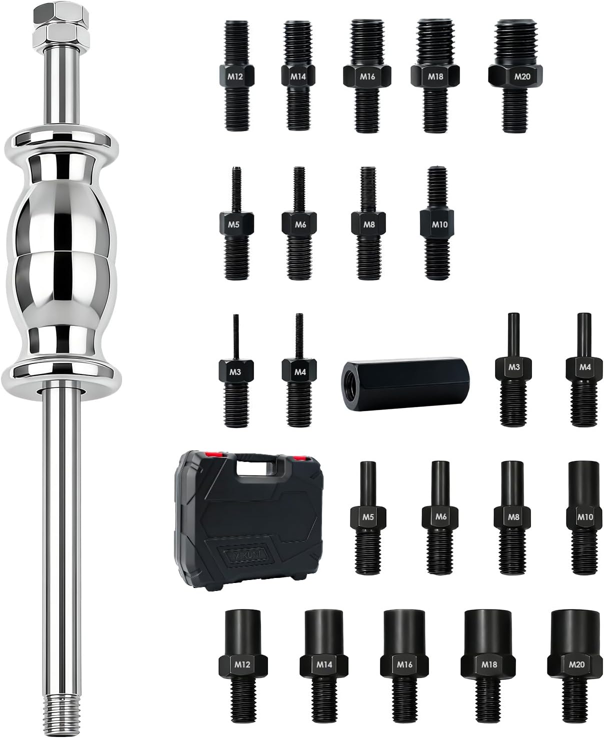 24-Piece Slide Hammer Set - Dowel Pin Puller Kit with M3 to M20 Thread Adaptors for Removing Bushings, Bearings, Seals, Studs - Includes Dedicated Case