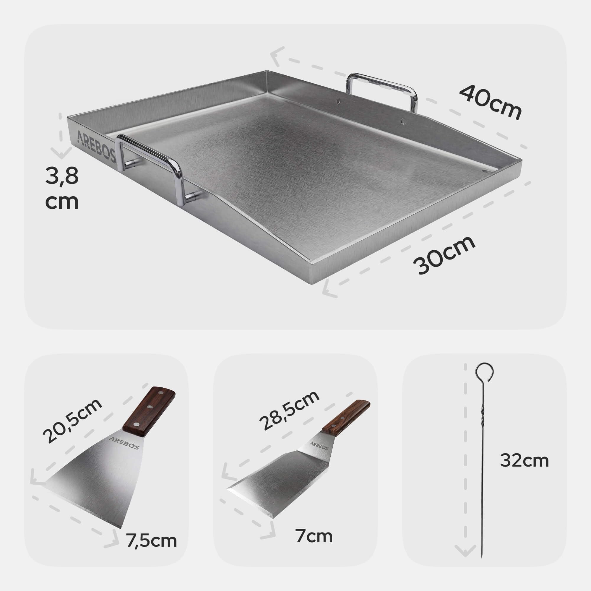 Arebos Płyta Grillowa ze Stali Nierdzewnej 40x30 cm | Plancha do Grilla Gazowego i BBQ | Grubość 4 mm | Odporna do 800°C | Odpływ Tłuszczu | 2 Szpatułki i 5 Szaszłyków w Zestawie