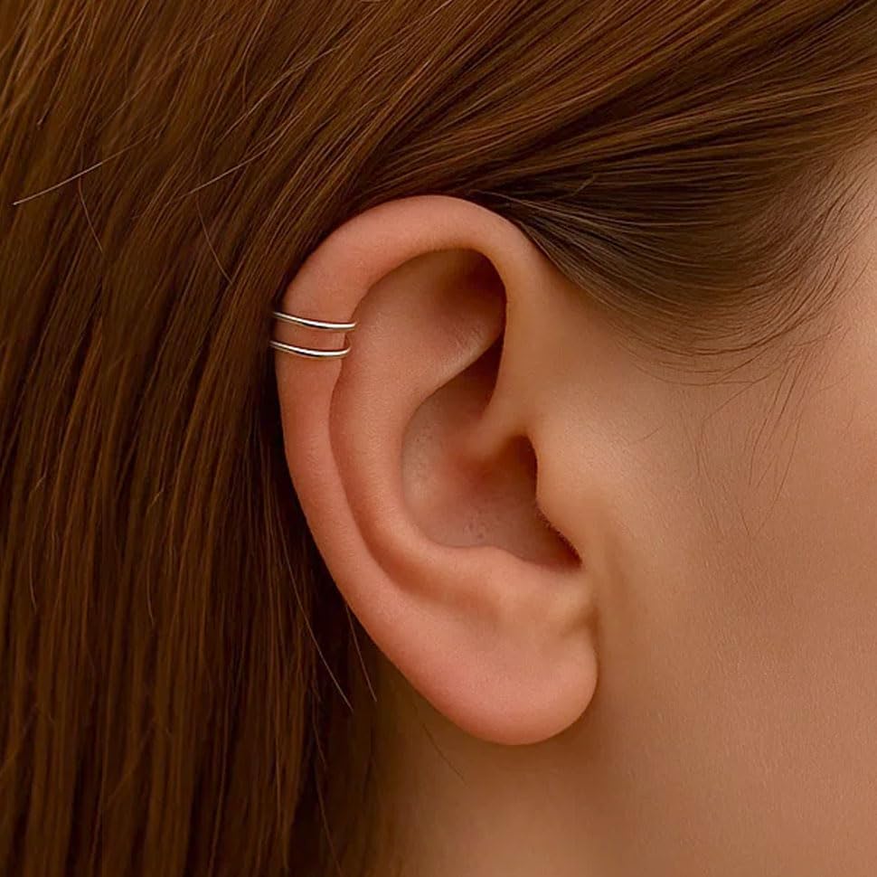Fake Silver Ear Cuff – Faux Helix Spiral Cartilage Earring, 20 Gauge Clip-On Double Hoop - 925 sterling Silver Non Piercing Ear Jewelry for Women - Image 4