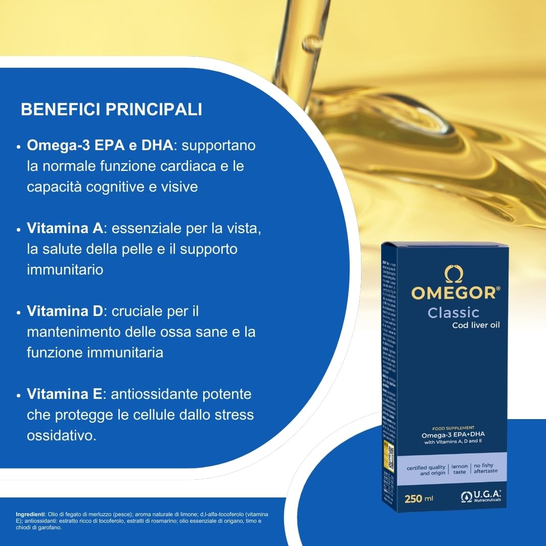 Olio di Fegato di Merluzzo Liquido OMEGOR Classic 250ml - Senza Retrogusto di Pesce - Omega 3 Liquido 1000mg con Vitamine A, D, E - 540mg DHA 360mg EPA