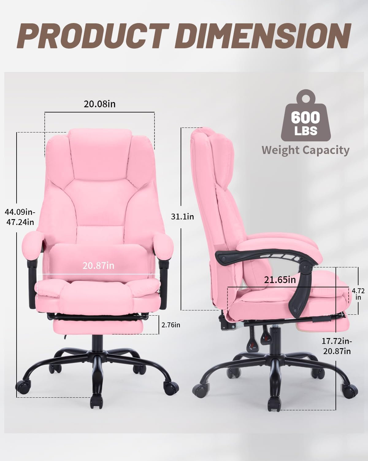600lbs Office Chair with Footrest, Executive Chair with Padded Armrests, Reclining Desk Chair with Lumbar Support, High Back Leather Chair for Heavy People (Pink)