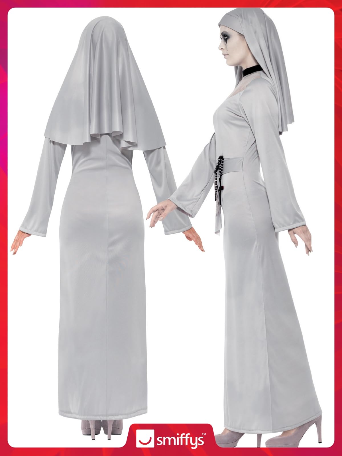 Smiffys Gothic Nun Costume, Grey with Dress & Headpiece, Halloween Adult Fancy Dress, Nun Dress Up Costumes