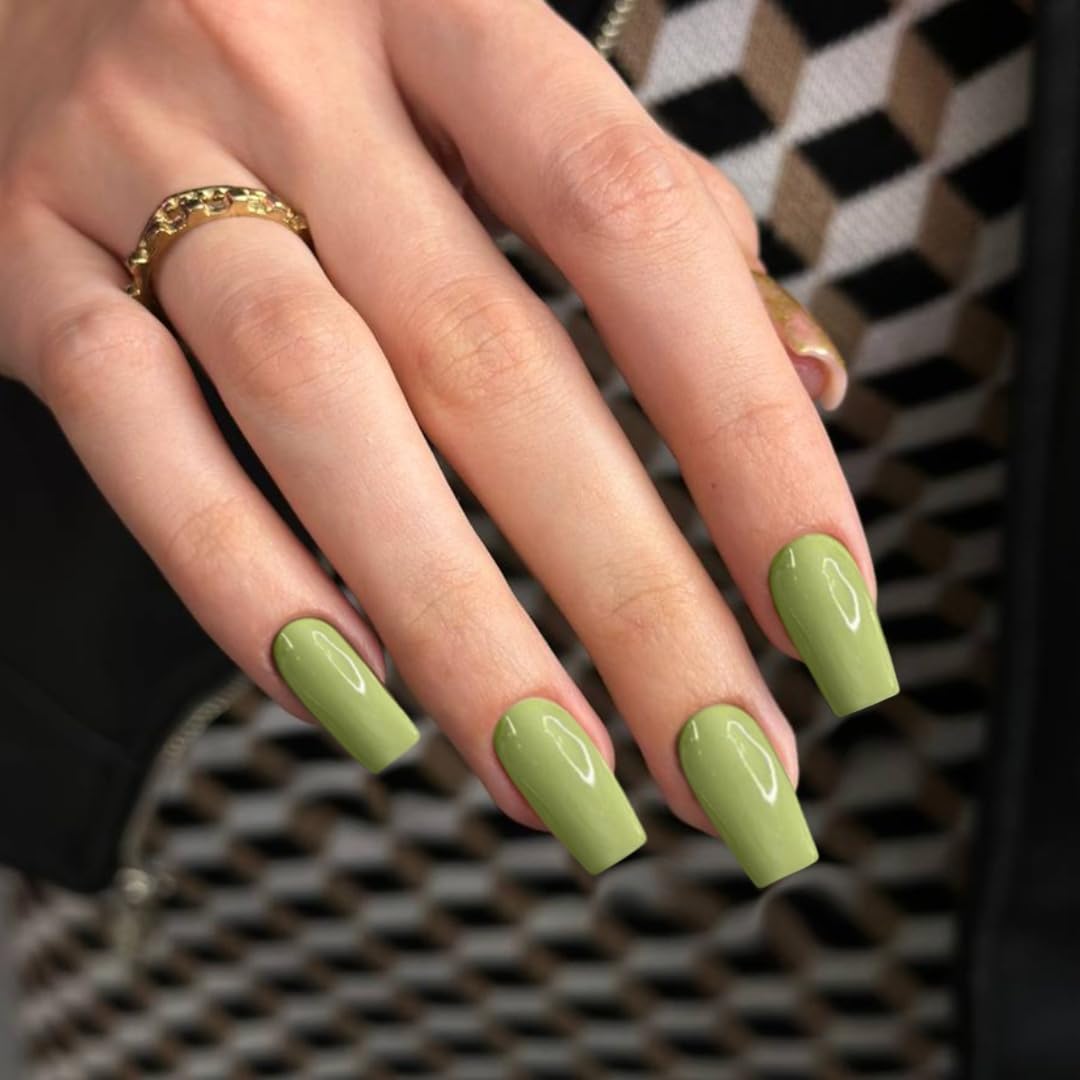 SXVME Olive Green Press on Nails Long Square, Acrylic False Nails Medium Coffin, Glossy Gel Fake Nails Press on