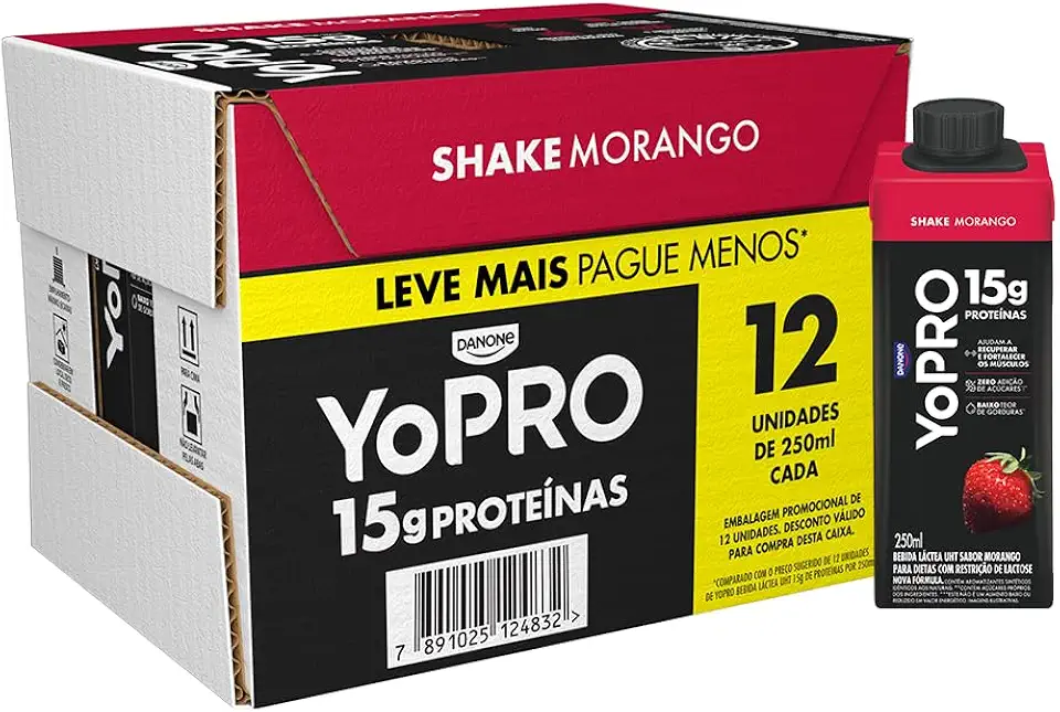 YoPRO Bebida Láctea UHT Morango 15g de proteínas 250ml - 12 unidades