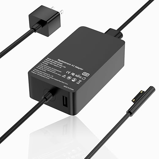 65W Surface Pro Charger for Microsoft Surface Pro 9 8 3 7 6 5 4 X Windows Surface Laptop Charger 5, 4, 3, 2, 1 Surface Go1, 2, Surface Book 3, 2, 1, with 5V 1A USB Charging Port, Support 44W, 36W, LED