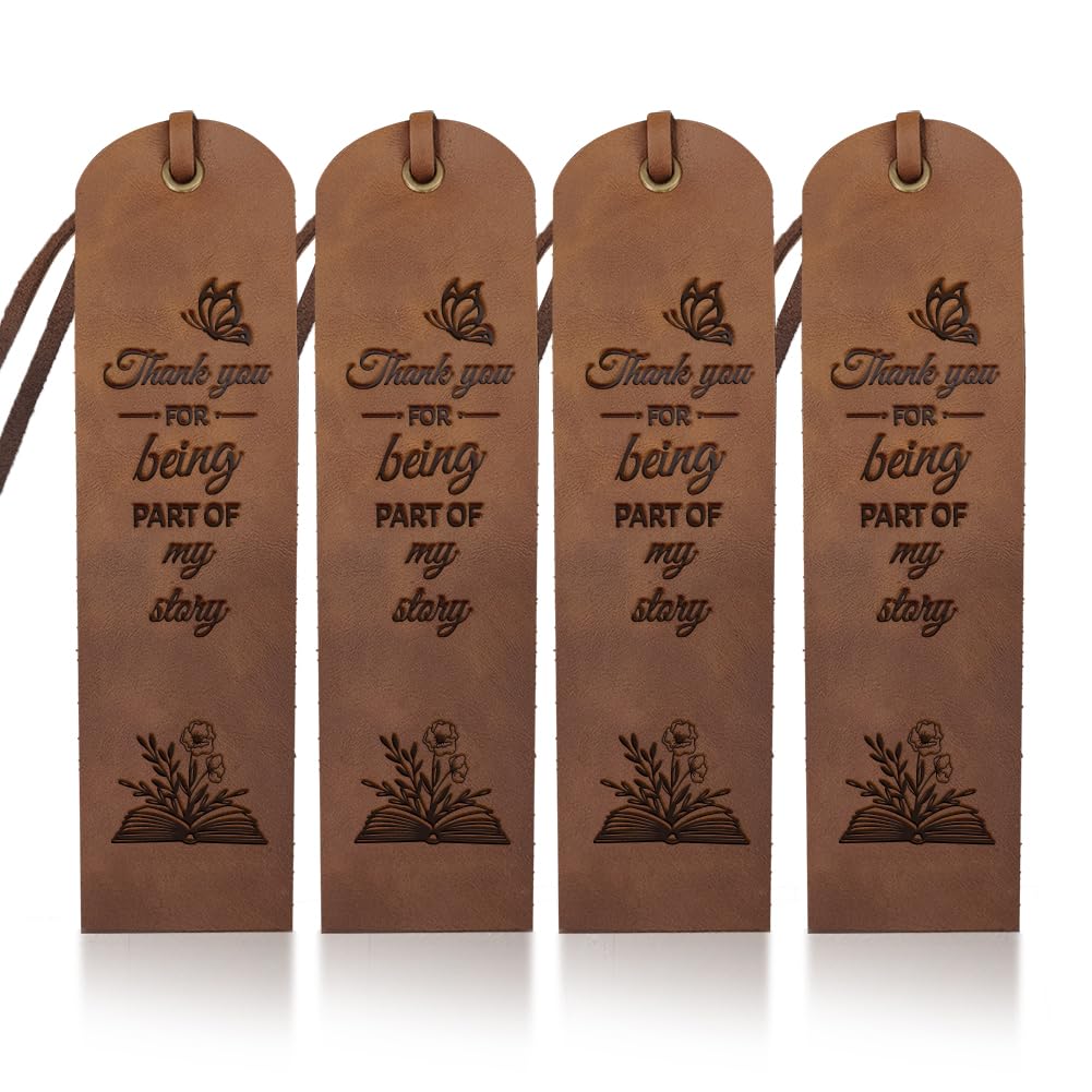 MAYJOYDIY 4pcs Thank You Leather Bookmark 2×7inch Gratitude Butterfly Bookmark Gift Vintage Flower Bookmarks Thank You for Being Part of My Story Text Leather Page Markers for Book Lovers Men Women — image 1
