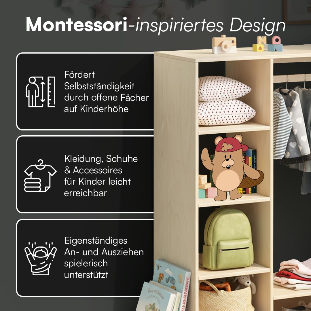 Bellabino Tea Kindergarderobe – Kleiderständer mit 6 Ablageflächen & 1 Kleiderstange in Natur – Montessori Kleiderschrank aus Birkenholz unbehandelt – Garderobe für Kinder – Kinderregal 114x40x105 cm