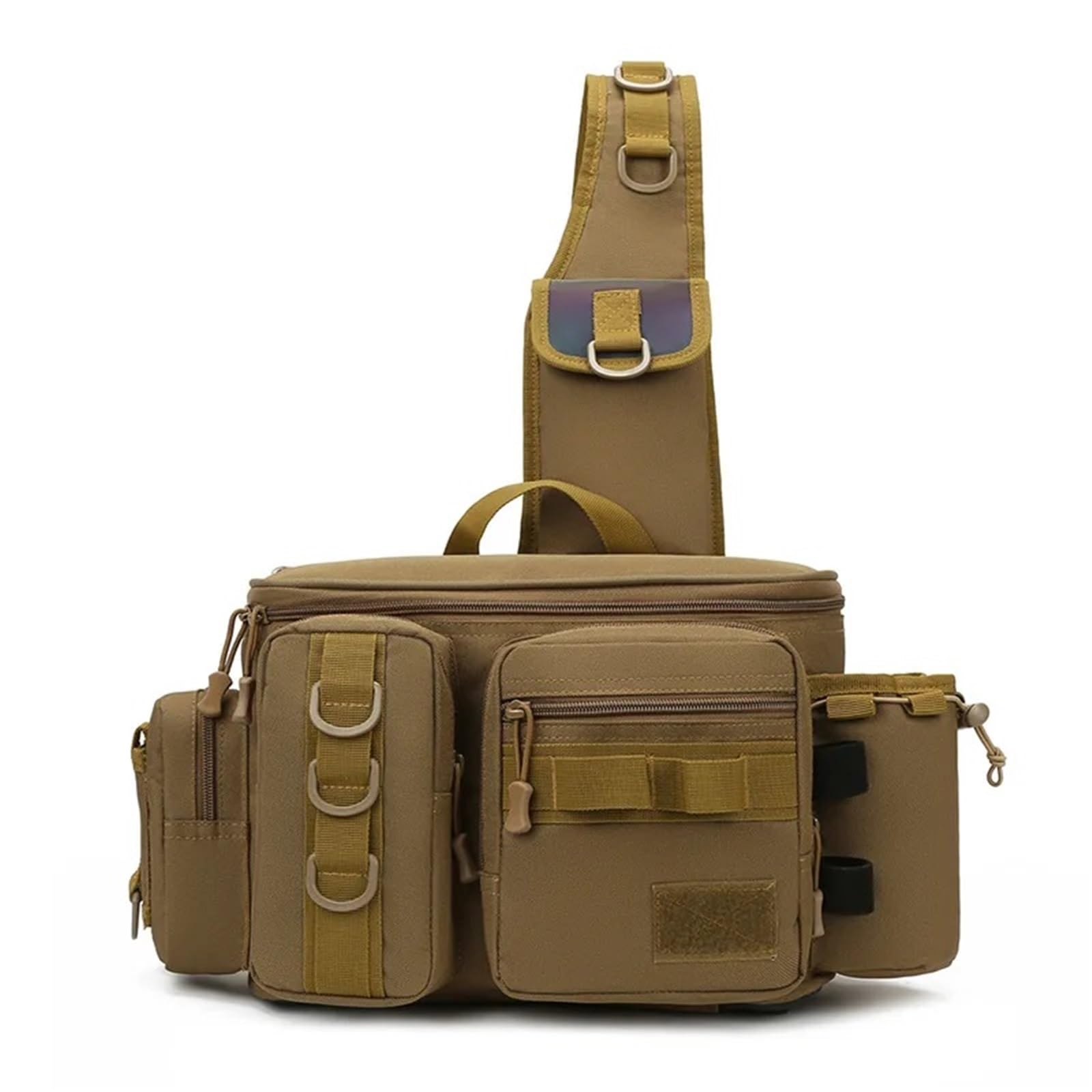 Borsa Attrezzatura Pesca Tracolla Impermeabile Multifunzionale con Portacanna, Marsupio A Tracolla Grande capacità for Pesca A Mosca in Mare All'aperto(Brown,L)