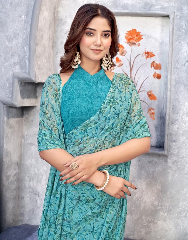 Image of SIRIL Women's Printed Georgette Saree with Unstitched Blouse (3585S104 Turquoise)