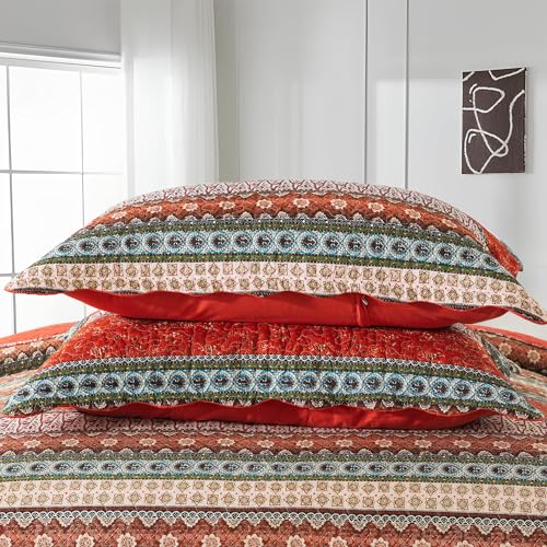 NEWLAKE Cotton Bedspread Quilt Sets - Reversible Patchwork Coverlet Set, Red Striped Jacquard Pattern, California King Size