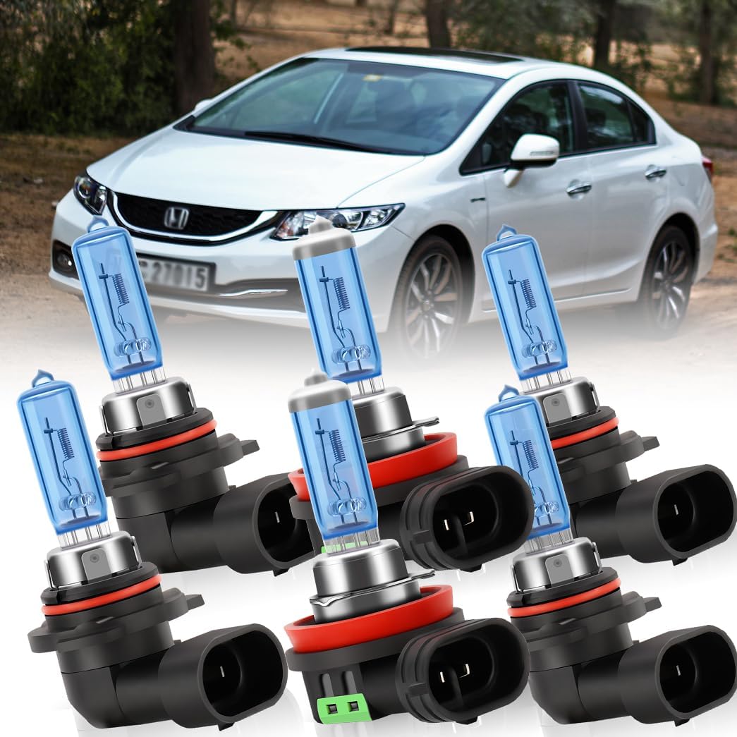 Halogen Light Bulbs Combo For Honda Civic 2006-2013, 9005 High Beam + 9006 Low Beam + H11 Fog Light Bulbs Full Set Replacement 6000K 100W Lighting Headlight Set, Pack of 6