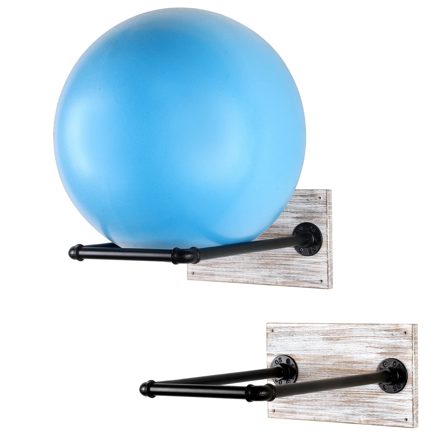 MyGift Premium Wall Mounted Sports Ball Display Holder for Basketball, Soccer Ball, Volleyball, Industrial Black Metal Pipe Therapy and Yoga Ball Storage Rack with Whitewashed Wood Backing, Set of 2