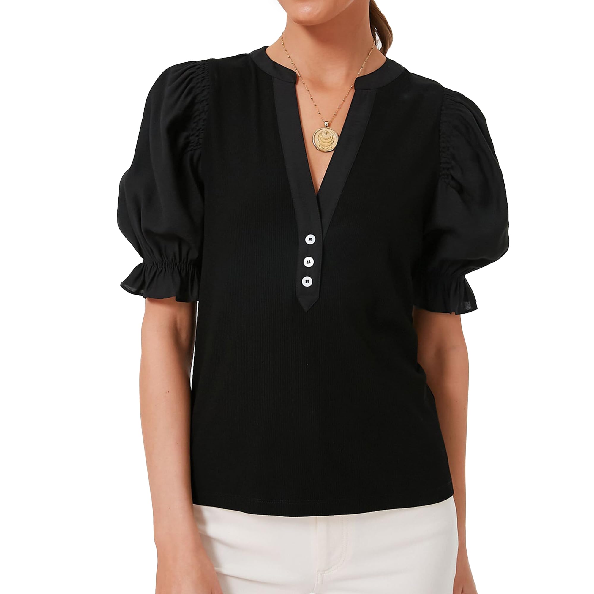 Womens Summer Black Dressy Casual Tops Puff Sleeve Blouses V Neck 