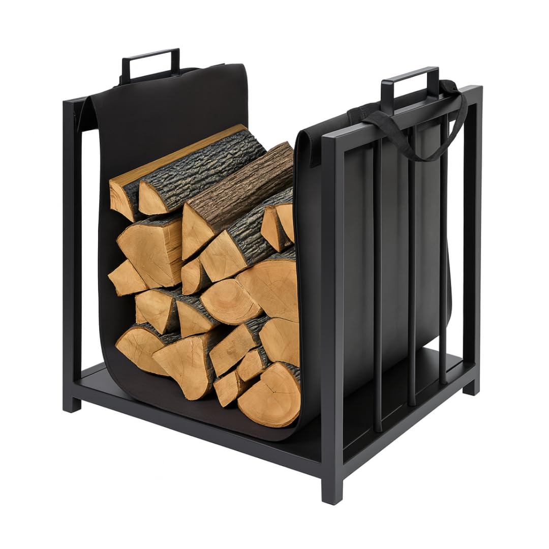 Kaminholzregal Innen - Schwarz 50,5 x 50 x 37 cm - Korb für Kaminholz -Metal Brennholzregal Außen - Kaminholz Aufbewahrung Innen - Holzlager außen Wetterfest -Holzstapelhilfe