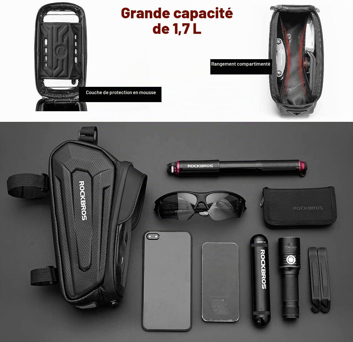 ROCKBROS Sacoche de Cadre Velo pour Smartphone sous 6,8'', Support de Téléphone Bicyclette, Sacoche Vélo VTT Imperméable Écran Tactile