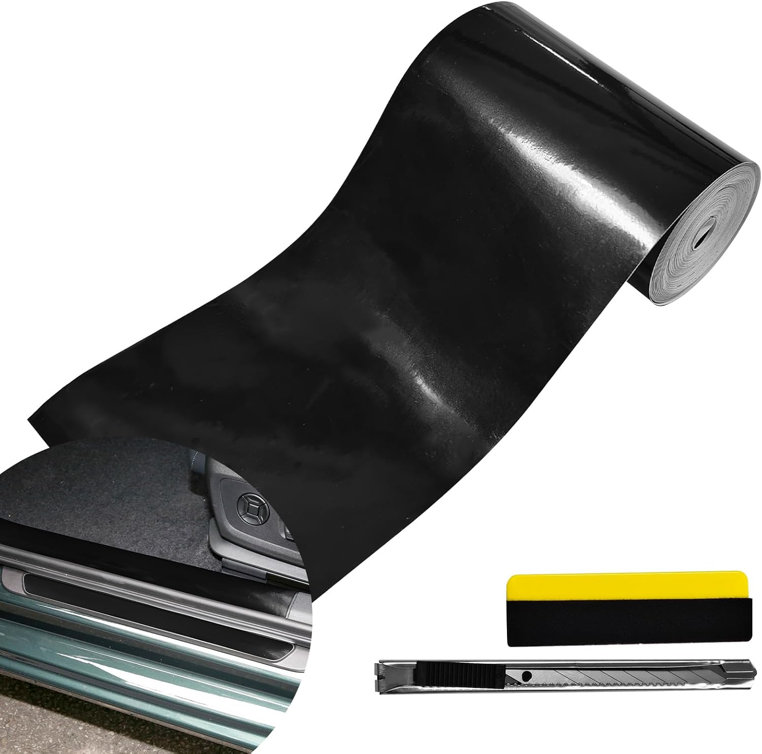 QianBao 4in x 30ft Glossy Black Vinyl Wrap,Car Wrap Film Vinyl Roll with Tools DIY Self-Adhesive Air Release Bubble Protection Stickers