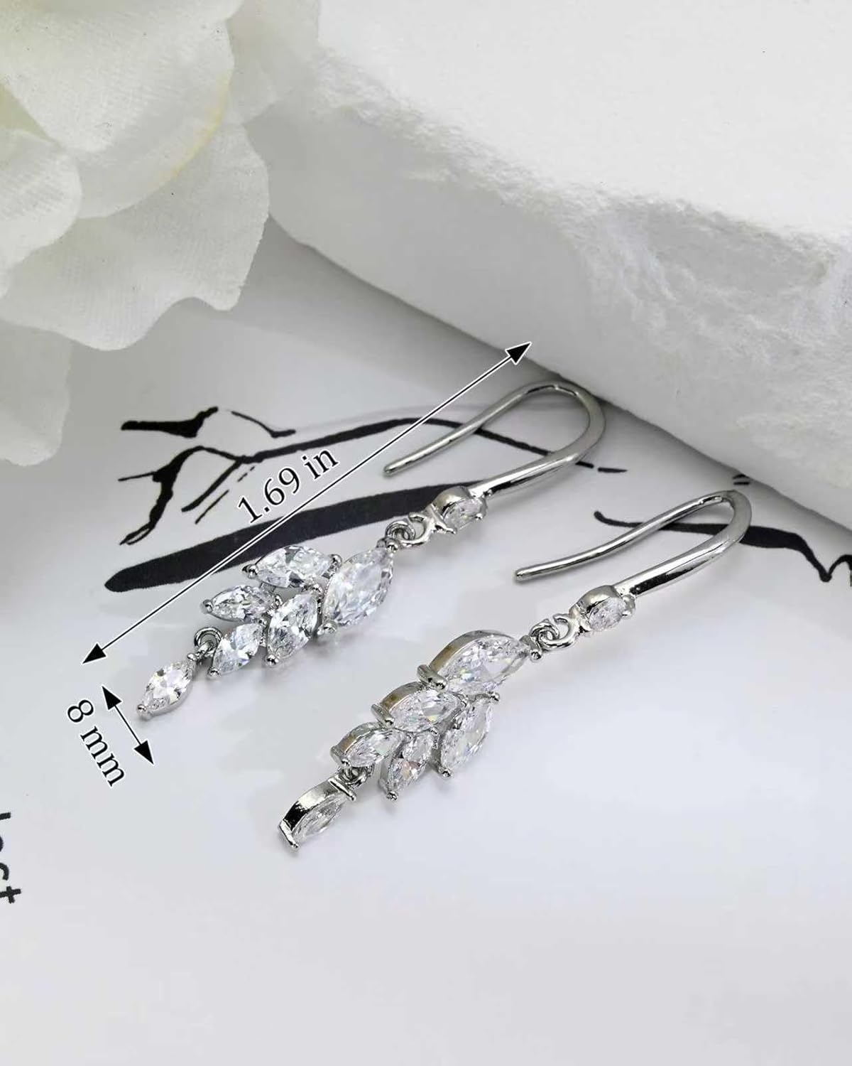 925 Sterling Silver Leaf Earrings Drop Dangle Clear Cubic Zirconia Stone Statement Lightweight Wedding Earrings for Women - Image 7
