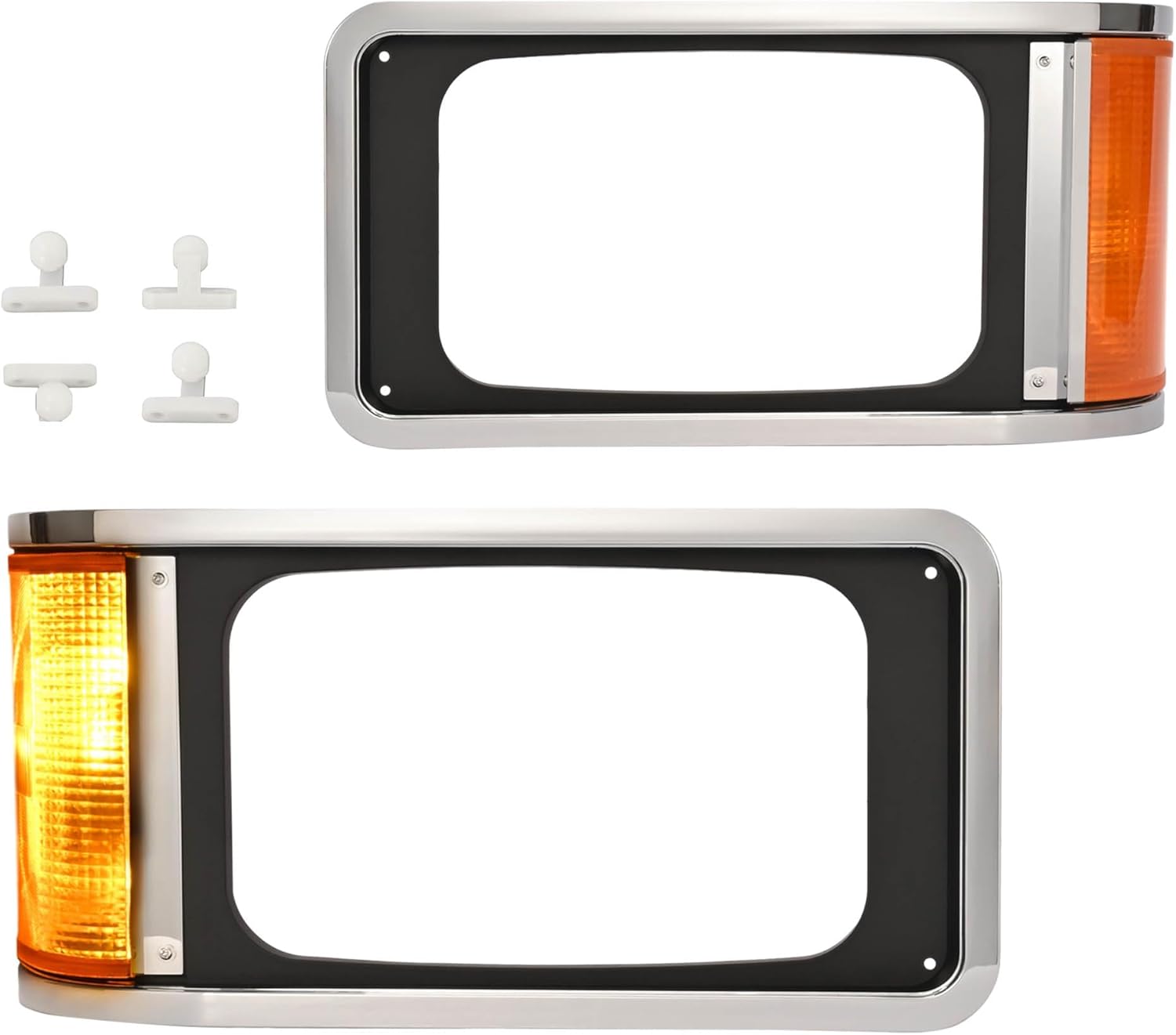 HECASA Headlight Bezels Compatible with 1990-2017 Mack CH613 SFA Hood Truck Headlamp Cover Trim Halogen w/Bulbs Amber Lens Driver & Passenger Side