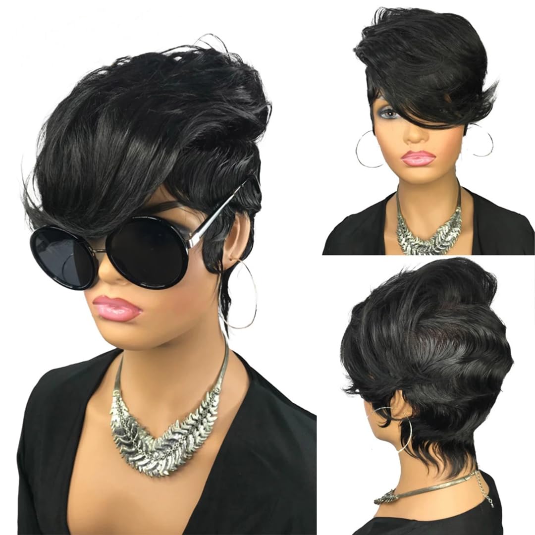 QiaQiaRing Pixie Cut Wigs for Black Women Loose Deep Wave Ocean finger Wave Human Hair Wigs for Daily Use Short Layered Pixie Wigs Human Hair Wigs Glueless Full Machine Made Wigs Natural Black Color
