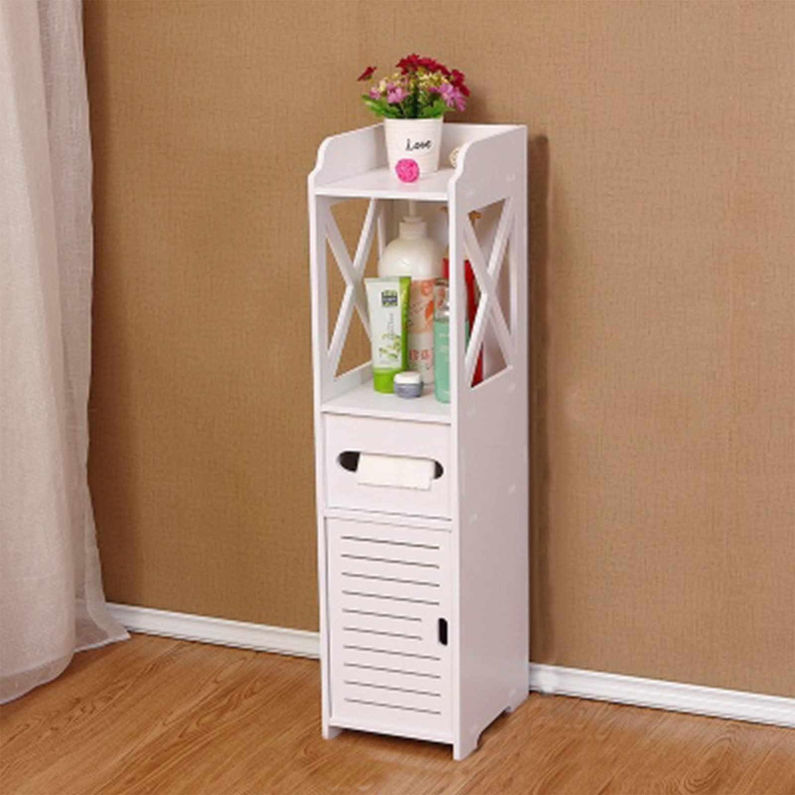 Armadietto da Bagno Salvaspazio 15x15x80cm, Mobile Bagno Stretto Impermeabile in PVC, Colonna Bagno Slim con Cassetto e Ripiani, Mobiletto Bagno Bianco per WC Cucina Camera