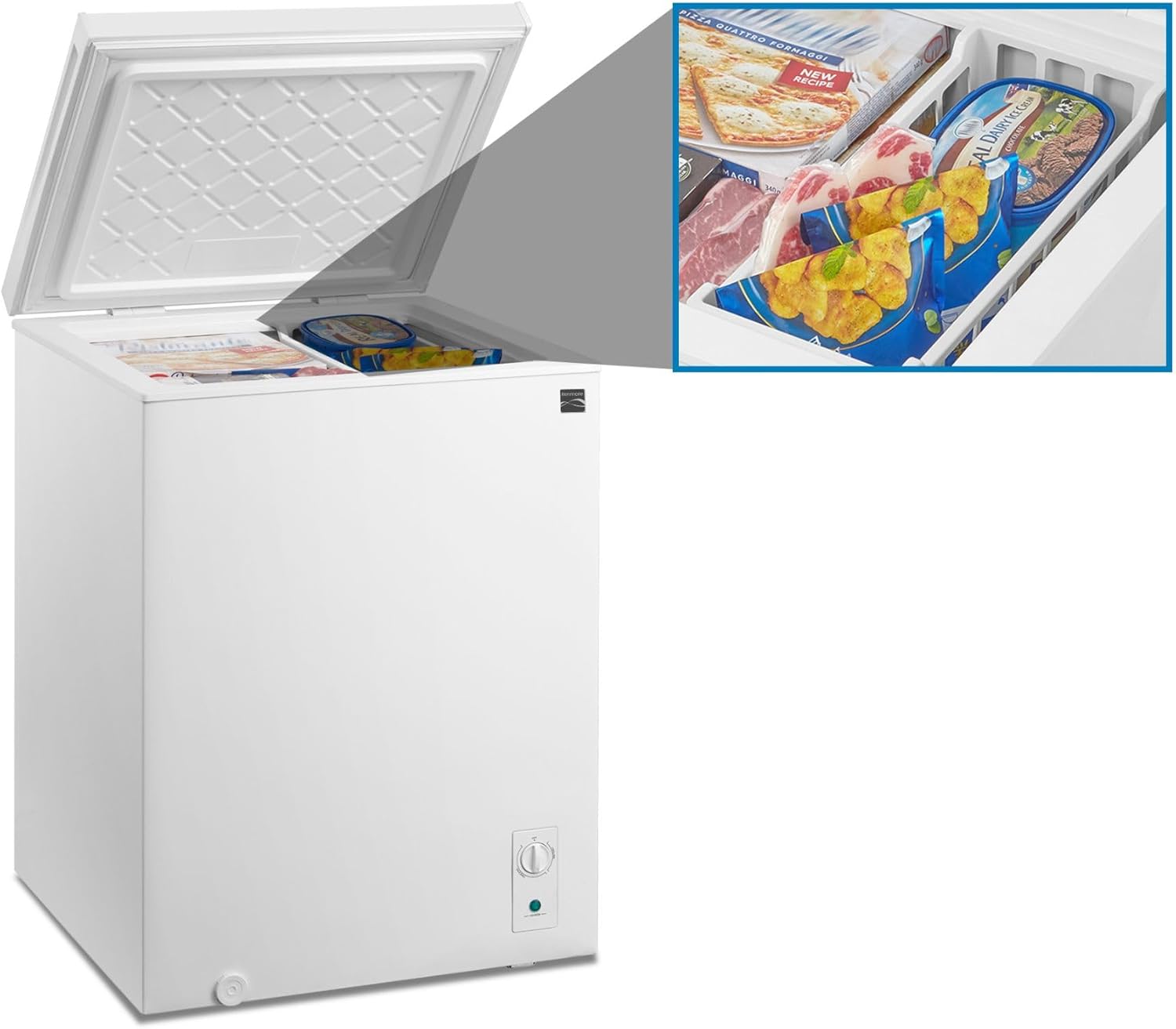 Kenmore 5.0 Cubic Feet Convertible Chest Freezer with lid fully open, showing the interior and a hanging basket.