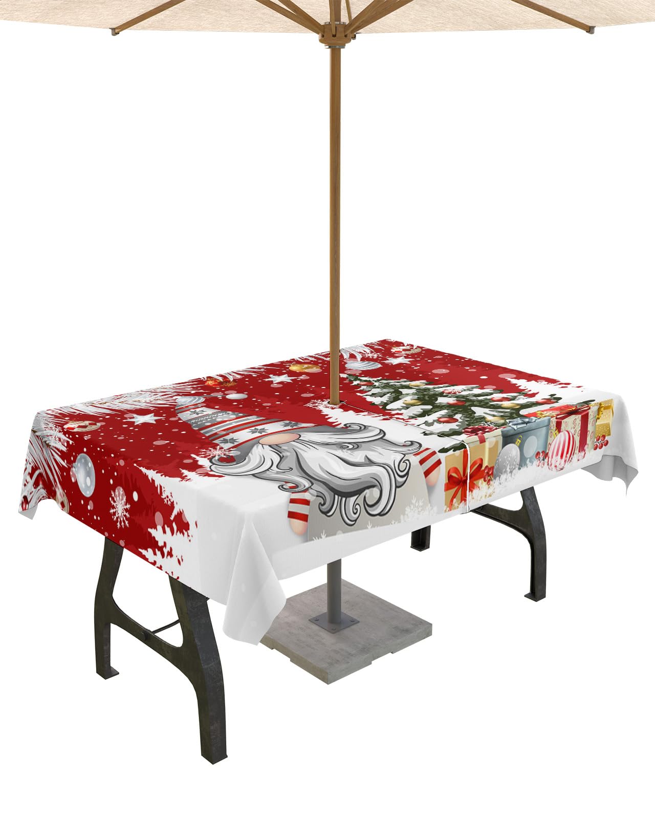 Christmas Outdoor Tablecloths with Umbrella Hole and Zipper, Winter Silver Leaf Xmas Ball Snow Gnomes Waterproof/Stain Resistant Rectangle Table Cloth 52x70 Patio Table Cover for Picnic/Party