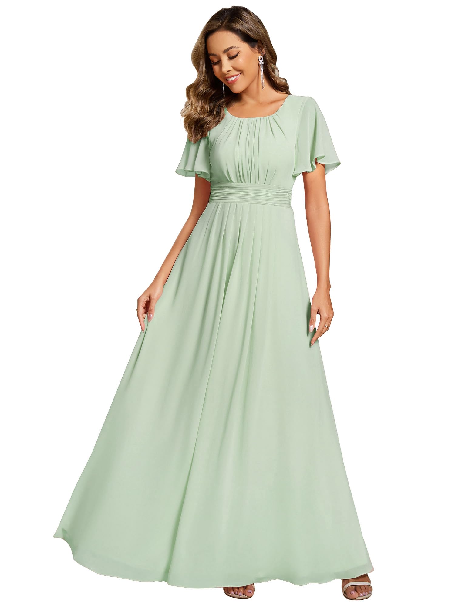 Ever-Pretty Robes de Demoiselle d'honneur Col Ronde Manches Courtes Mousseline Maxi Robe évasée ES01840