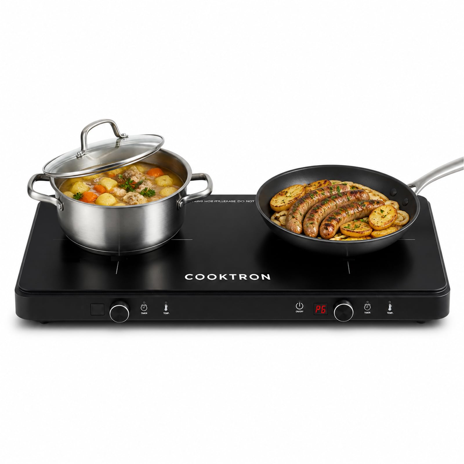 COOKTRON Płyta indukcyjna 2 płyty 3500 W, płyta indukcyjna podwójna, wolnostojąca, 10 poziomów mocy, przycisk dotykowy i obrotowy, timer 99 min, mobilna do kuchni i na kemping