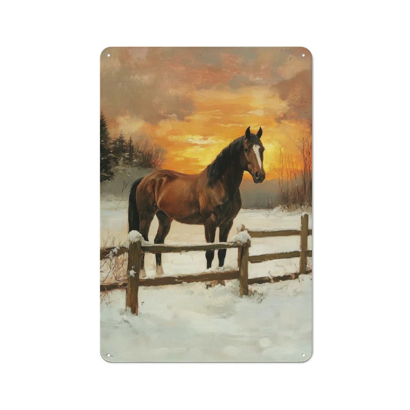 Junmoney Horse In Winter Sunset Printed Metal Sign 30X20cm For Café Or Restaurant, For Hospitality Interior Collectors