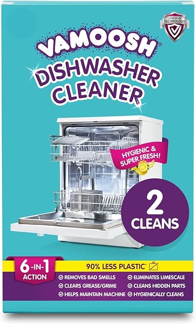 Vamoosh 6 in 1 Dishwasher Cleaner 2 x Cleans - Deep Cleaner, Limescale Remover, Odour Eliminator, Grease Remover - Dishwasher Cleaner Deep Clean Performance, Less Plastic, Citric Acid