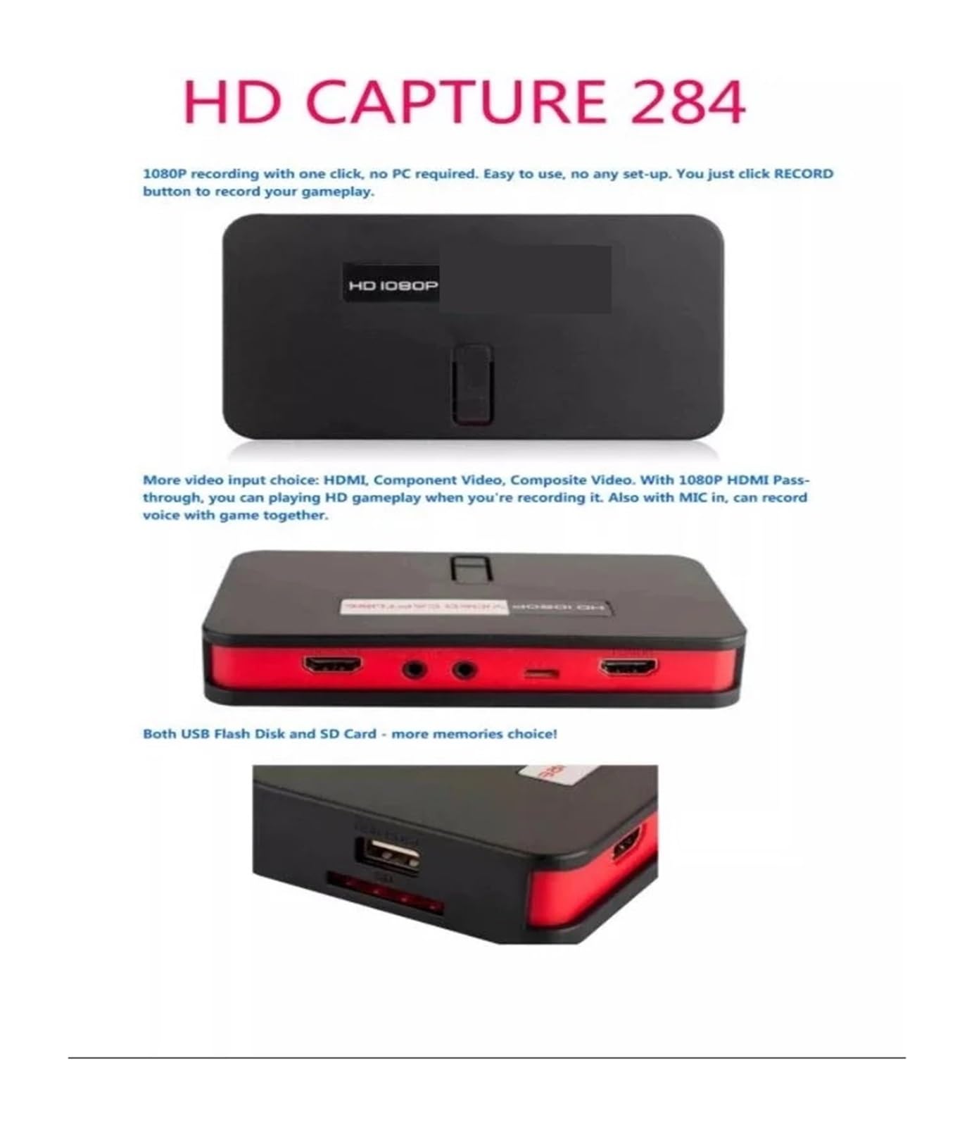 Tarjeta de Captura de Video de 1080P con Disco Flash USB, Caja de grabación de Juegos, Grabador de Video para transmisión de Juegos y grabación de múltiples Fuentes