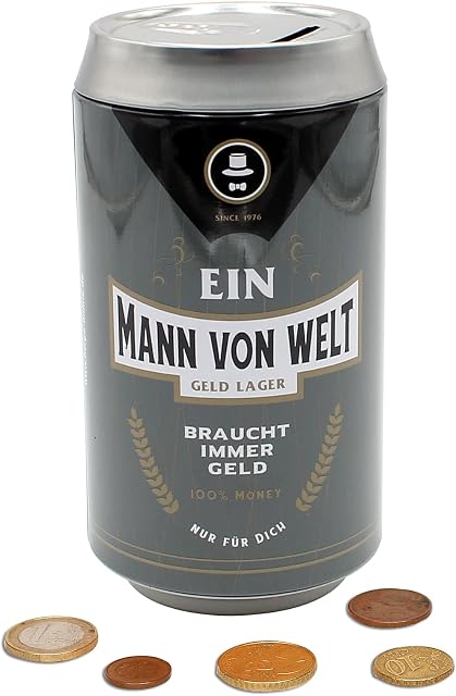Dekohelden24 Metalowa skarbonka  puszka na piwo  motyw: Ein Mann von Welt, wymiary dł./szer./wys.: ok. 16 x 8 x 16 cm