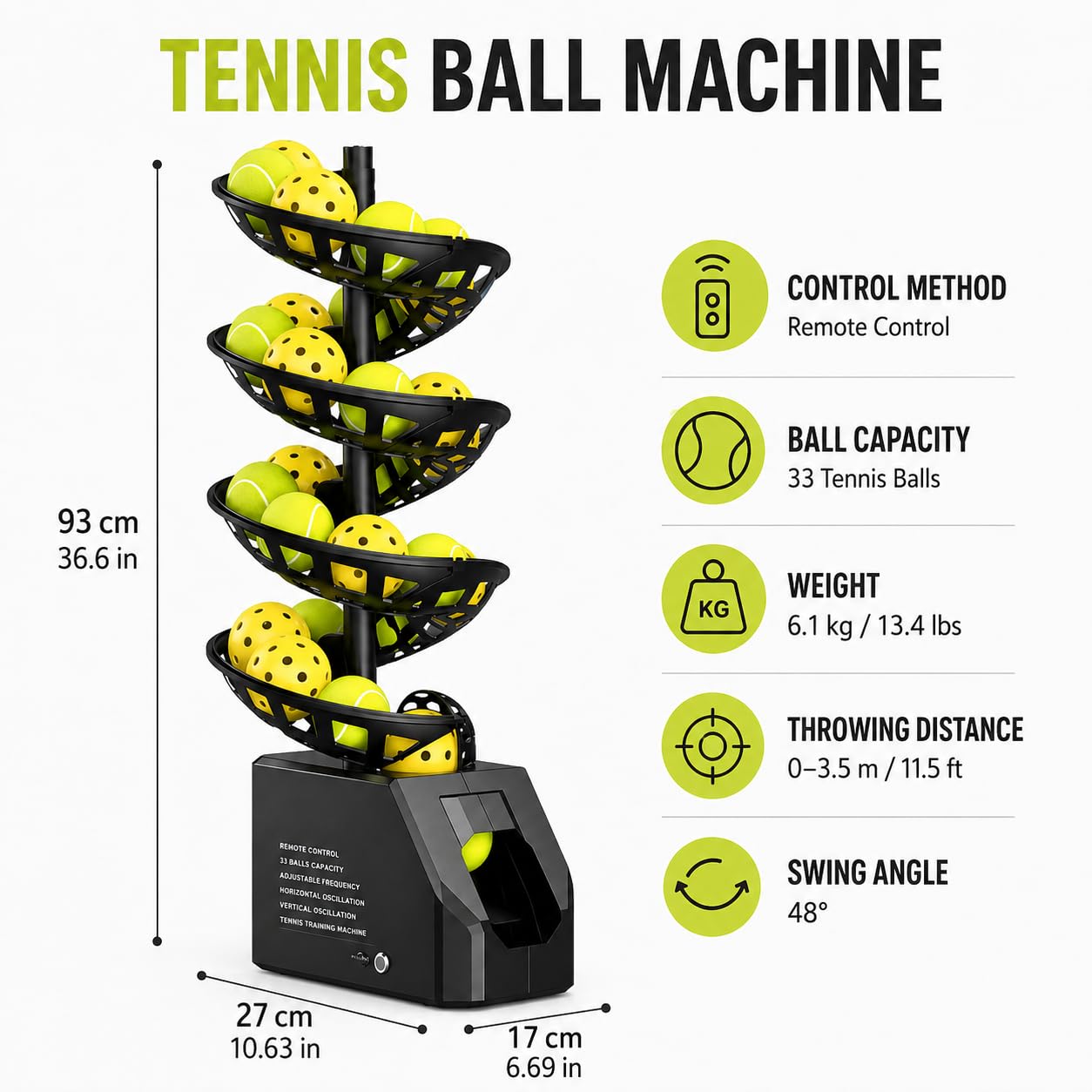 Lanciatore di palline da tennis con telecomando e batteria ricaricabile 10H