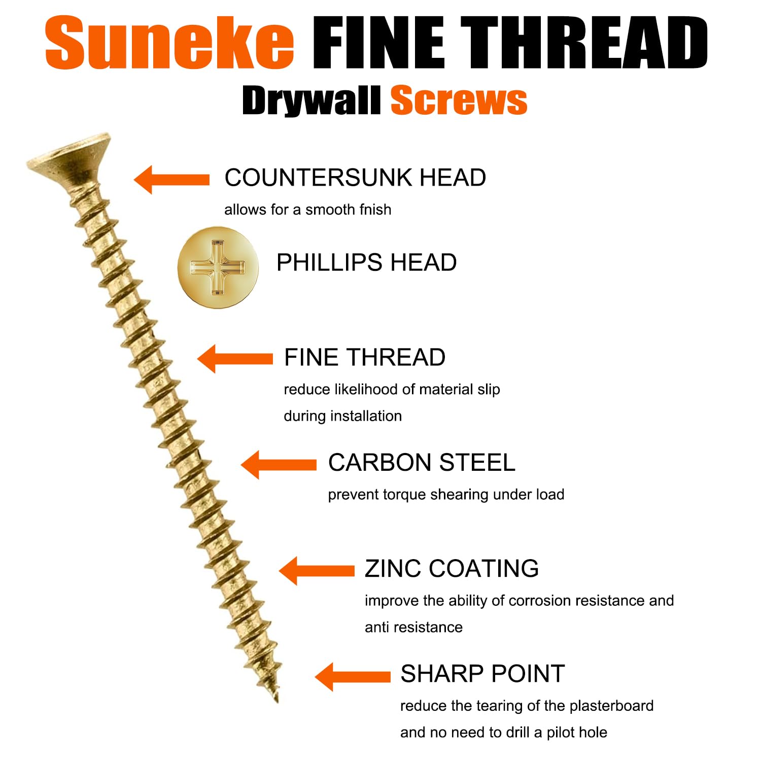 Suneke 200PCS M3.5 X 40mm High Hardness Drywall Screws, Zinc, Fine Thread, Phillips Drive, Bugle Head - Image 2