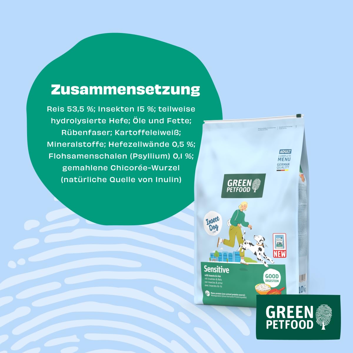 Green Petfood InsectDog Sensitive mit Insekten & Reis (1 x 10 kg) | Adult | Premium Trockenfutter für ausgewachsene Sensible Hunde | Insekten als einziges tierisches Protein | weizenfrei | 1er Pack