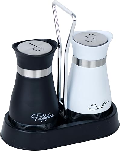 Juego de 2 saleros y pimenteros de acero inoxidable y vidrio con soporte (NEGRO Y BLANCO)