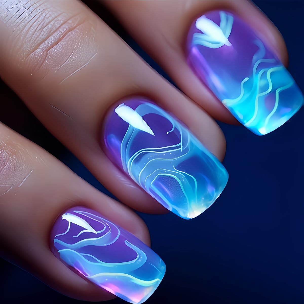 Ocean Blue Press on Nails Short Square Summer Fake Nails Wave False Nails Press ons with Glossy Design Nail Art Tips Full Cover Artificial Glue on