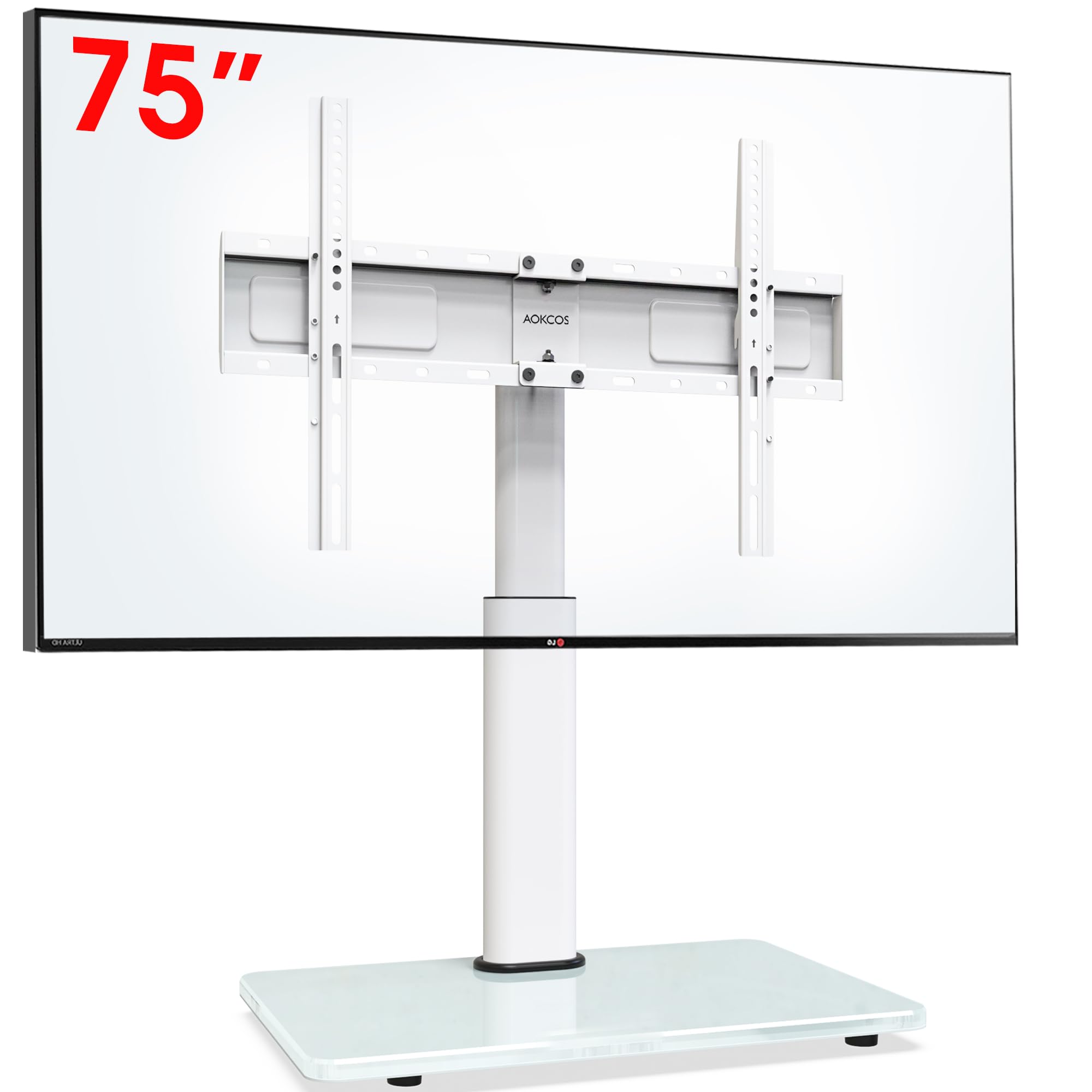 AOKCOS Supporto TV da Tavolo Inclinabile per 32-55 65 70 75 Pollici, Girevole Altezza Regolabile Piedistallo TV con Base, Max VESA 600x400mm 45KG Bianco