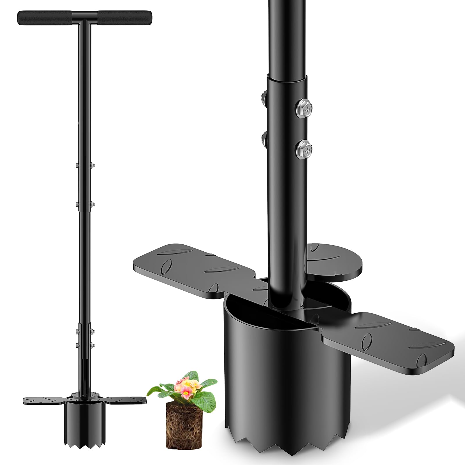 BreeRainz Bulb Planter Tool Long Handle, Height Adjustable Sod Plugger Tool w/ 3.5" Wide Serrated Base,Heavy Duty Dual-Peda Garden Tool for Planting Tulips,Iris,Daffodils,Soil Sampler Transplanting