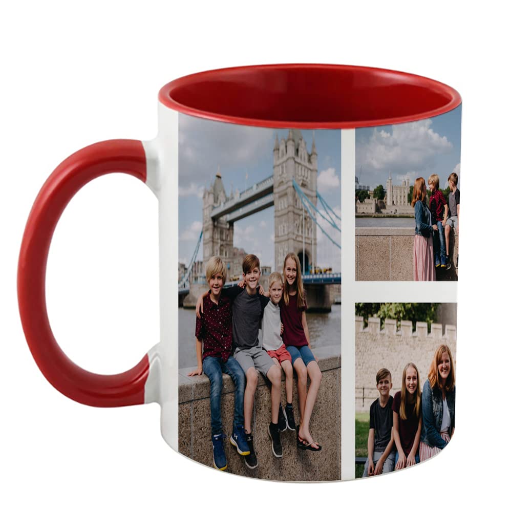 Personalised with Multi Photo Collage Mug Memorable Gift for Family,Friends,Birthday,Any Occasion Coffee Tea 11oz Inside Coloured Ceramic Mug. (4 Photo, Red)