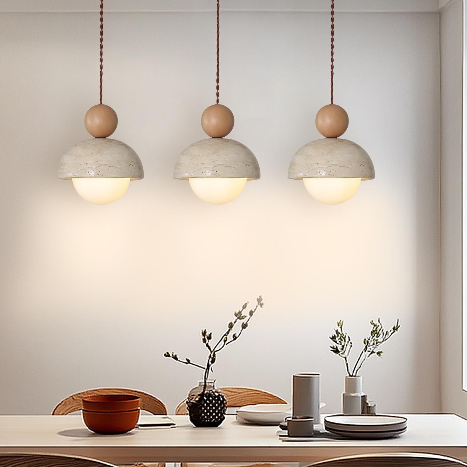 Pendant Light Hanging Lamp, Travertine Stone Shade with Wood