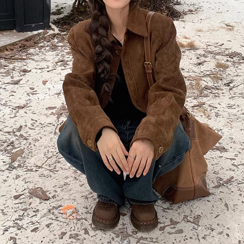 RICHTRUE Suede Bomber Jacket Y2k Faux Leather Outerwear Cropped Jacket Women Brown Jacket Fall Outfit 20244