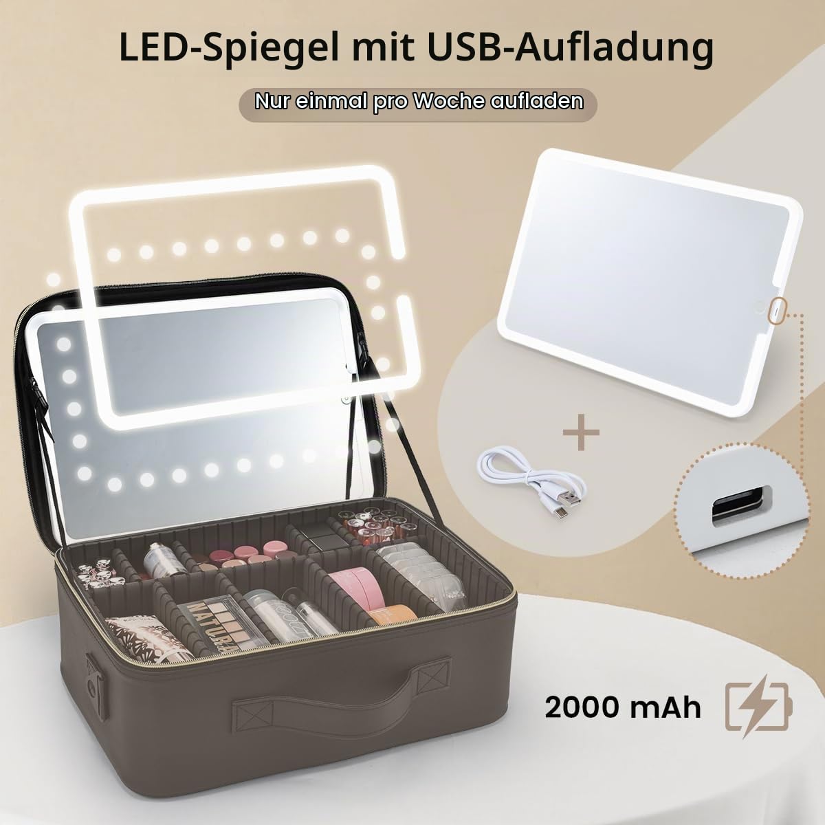 Kosmetiktasche Große Make up Tasche Schminkkoffer mit Beleuchtetem Spiegel-3 Farben LED Licht Schminktasche Damen Kosmetikkoffer Make up Koffer,Schwarz