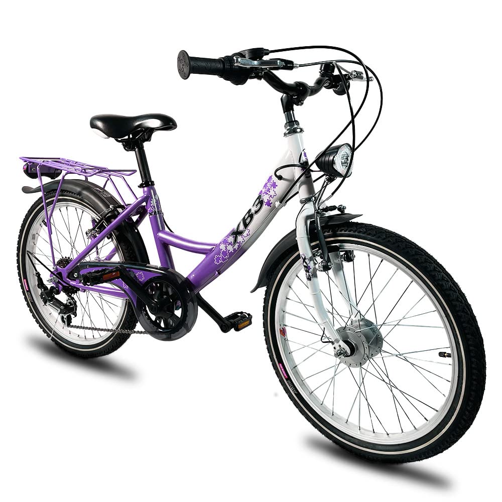 XB3 20 Zoll Mädchen Kinderfahrrad, mit 6 Gang-Schaltung, StVZO, Nabendynamo mit LED-Licht mit Standlicht (Lila) Sport & Freizeit