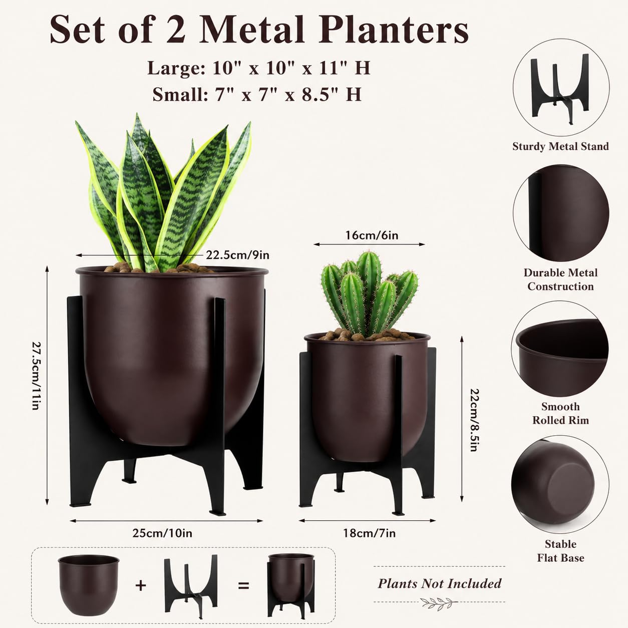 TRIROCKS - Set di 2 vasi con supporto in metallo per interni ed esterni, vasi moderni per soggiorno, angolo, cucina, ufficio, giardino, balcone, decorazione da patio