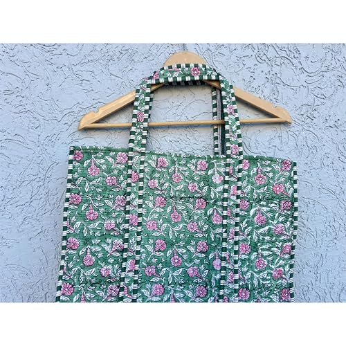 Image of Quilted Cotton Hand printed Reversible Large multicolor cotton Tote Bag,Indian Handmade Block Printed Tote Bag Women Handbag