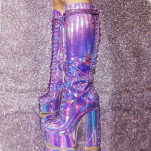Women's Platform Knee High Gogo Boots Chunky Metallic Purple Reflective Side Zipper Heel Lace Up Boot for Halloween3